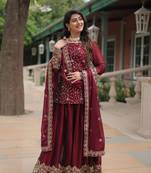 Maroon rangoli silk graceful partywear sequins embroidery work palazzo dress
