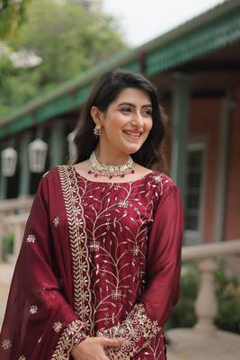Maroon rangoli silk graceful partywear sequins embroidery work palazzo dress 4