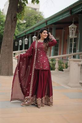 Maroon rangoli silk graceful partywear sequins embroidery work palazzo dress 5
