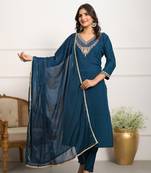 Teal blue festive wear stylish viscose chanderi fabric designer embroidery work salwar kameez