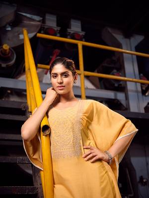 Yellow cotton fabric designer printed beautiful ceremonial dress 3