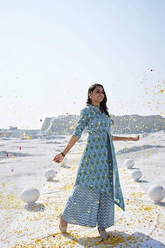 Blue cotton fabric designer printed beautiful ceremonial dress