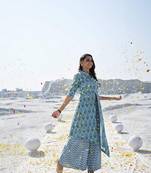 Blue cotton fabric designer printed beautiful ceremonial dress