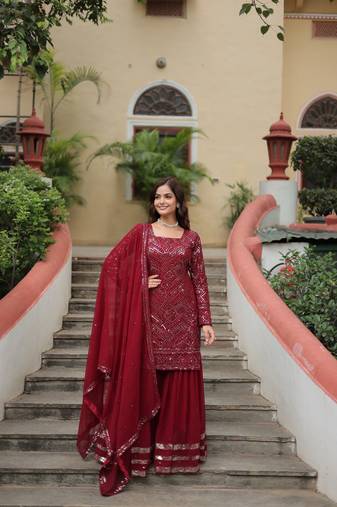 Maroon georgette fabric sequins embroidery work bollywood style sharara dress