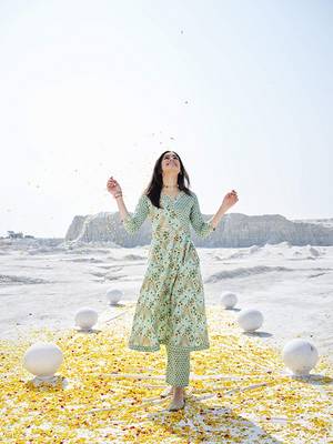 Sea green cotton fabric designer printed beautiful ceremonial dress 1