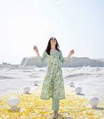 Sea green cotton fabric designer printed beautiful ceremonial dress