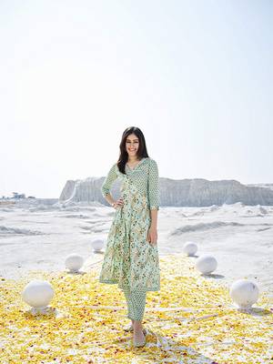 Sea green cotton fabric designer printed beautiful ceremonial dress 2