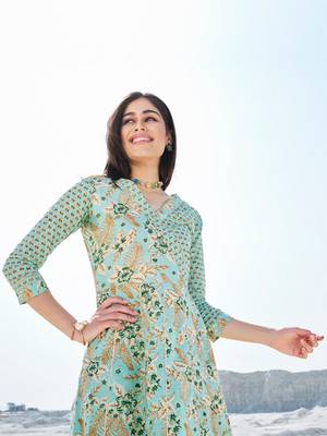 Sea green cotton fabric designer printed beautiful ceremonial dress 3