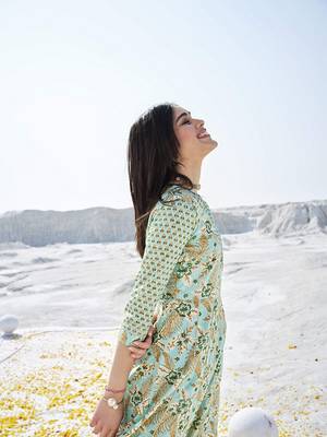 Sea green cotton fabric designer printed beautiful ceremonial dress 5