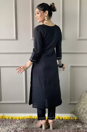 Black colour rayon slub fabric partywear ready suit with embroidery work and printed