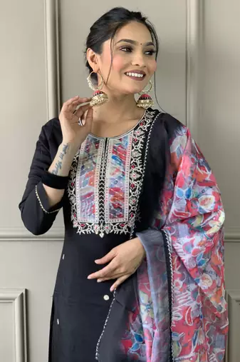 Black colour rayon slub fabric partywear ready suit with embroidery work and printed