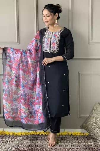 Black colour rayon slub fabric partywear ready suit with embroidery work and printed