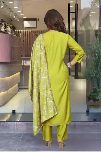 Lemon colour bsy viscosee fabric partywear ready suit with embroidery work