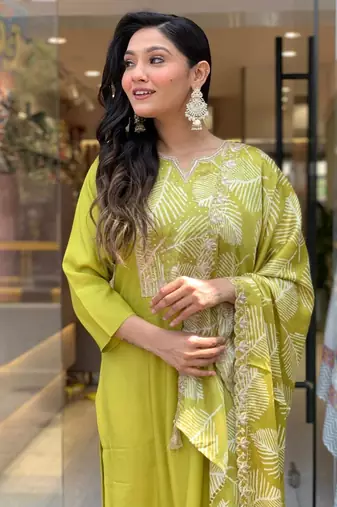 Lemon colour bsy viscosee fabric partywear ready suit with embroidery work