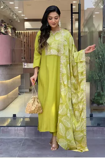 Lemon colour bsy viscosee fabric partywear ready suit with embroidery work