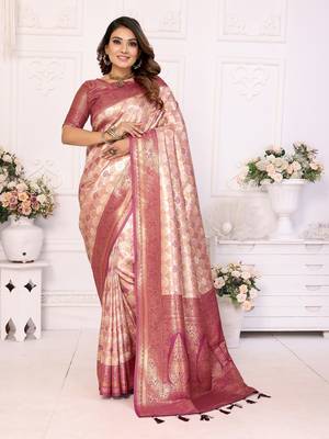 Peach-Pink Banarasi Chaturi Silk Saree 1