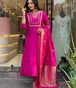 Pink colour viscosee chanderi fabric partywear ready suit with embroidery work