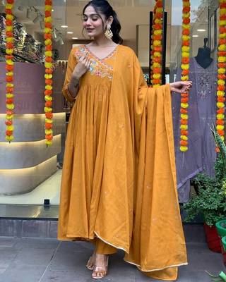 Orange colour viscosee chanderi fabric partywear ready suit with embroidery work 1