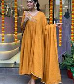 Orange colour viscosee chanderi embroidered partywear ready suit with embroidery work