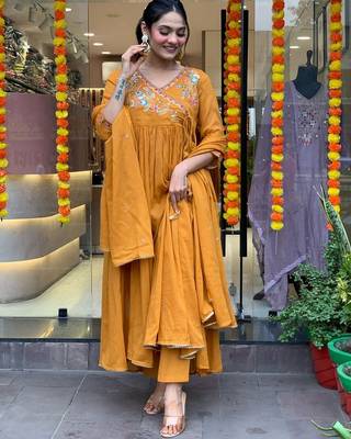 Orange colour viscosee chanderi fabric partywear ready suit with embroidery work 2