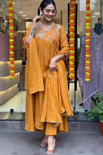 Orange colour viscosee chanderi fabric partywear ready suit with embroidery work