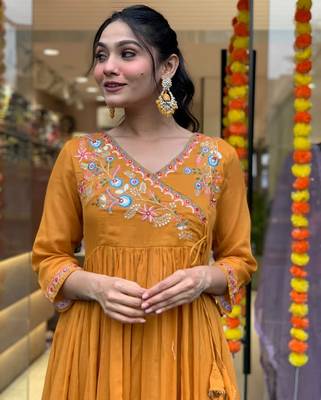 Orange colour viscosee chanderi fabric partywear ready suit with embroidery work 3