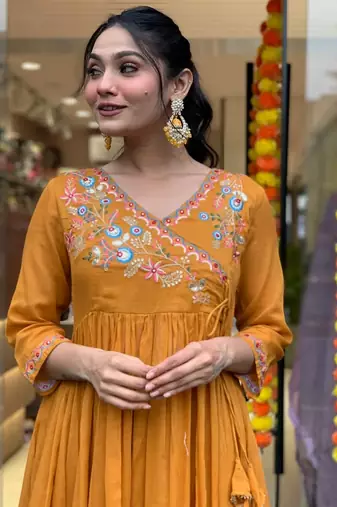 Orange colour viscosee chanderi fabric partywear ready suit with embroidery work