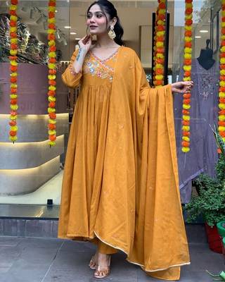 Orange colour viscosee chanderi fabric partywear ready suit with embroidery work 4