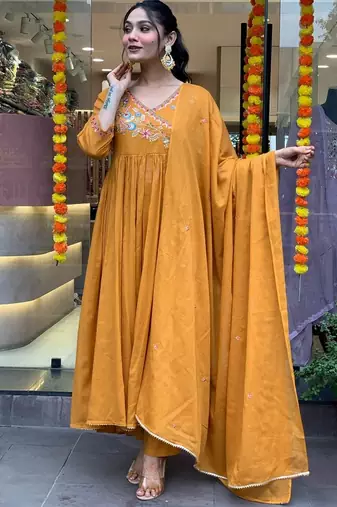 Orange colour viscosee chanderi fabric partywear ready suit with embroidery work