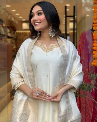 Off white colour viscosee chanderi fabric partywear ready suit with embroidery work 3