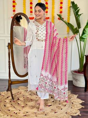 White colour viscosee chanderi fabric partywear ready suit with embroidery work 1
