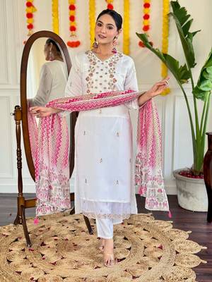 White colour viscosee chanderi fabric partywear ready suit with embroidery work 4