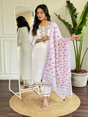 Cream graceful readymade viscosee chanderi fabric suit with embroidery work 1