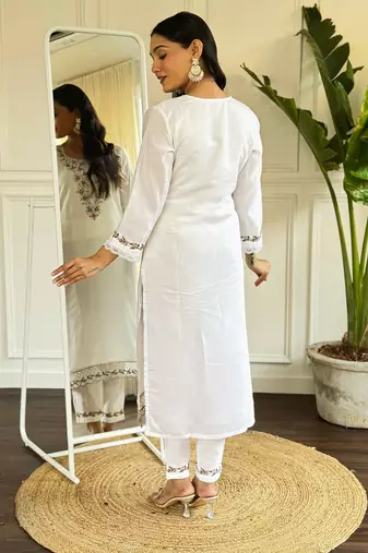 Cream graceful readymade viscosee chanderi fabric suit with embroidery work