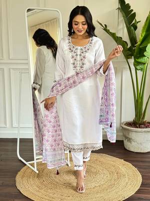 Cream graceful readymade viscosee chanderi fabric suit with embroidery work 3