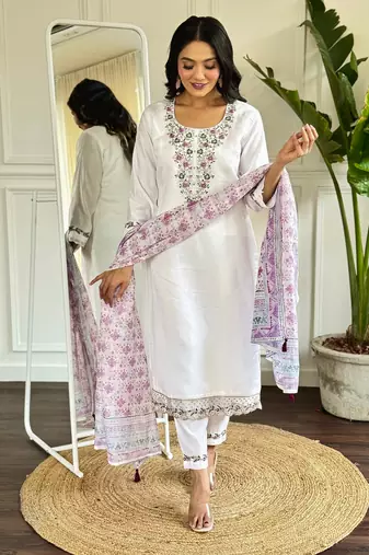 Cream graceful readymade viscosee chanderi fabric suit with embroidery work