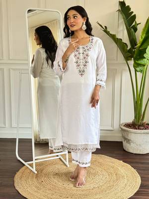 Cream graceful readymade viscosee chanderi fabric suit with embroidery work 4