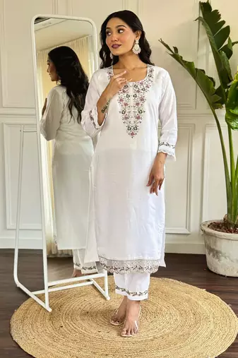 Cream graceful readymade viscosee chanderi fabric suit with embroidery work