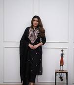 Black graceful readymade viscose chanderi fabric suit with embroidery work