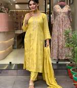 Yellow graceful readymade viscose jacquard fabric suit with wevon and embroidery work