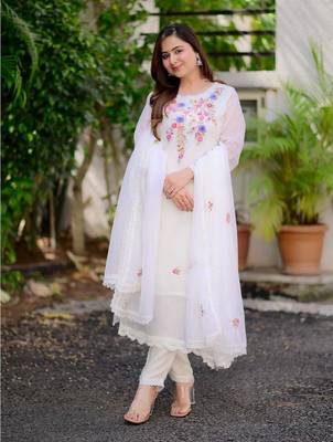 White graceful readymade georgette fabric suit with embroidery work 1