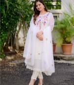 White graceful readymade georgette fabric suit with embroidery work