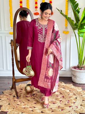 Burgundy graceful readymade viscosee chanderi fabric suit with embroidery work and printed 1
