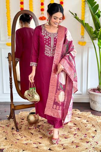 Burgundy graceful readymade viscose chanderi fabric suit with embroidery work and printed