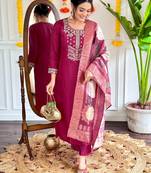 Burgundy graceful readymade viscose chanderi fabric suit with embroidery work and printed