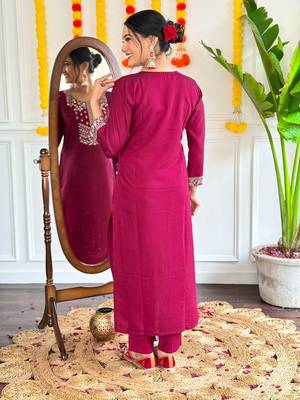 Burgundy graceful readymade viscosee chanderi fabric suit with embroidery work and printed 2