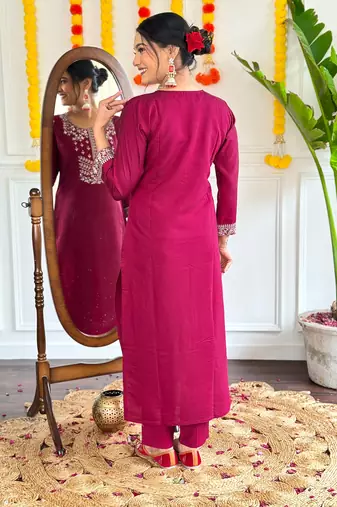 Burgundy graceful readymade viscosee chanderi fabric suit with embroidery work and printed