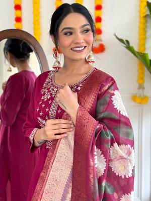 Burgundy graceful readymade viscosee chanderi fabric suit with embroidery work and printed 3