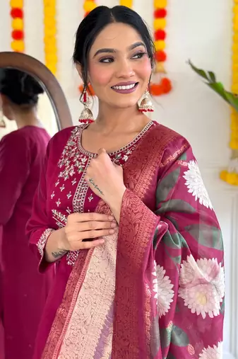 Burgundy graceful readymade viscosee chanderi fabric suit with embroidery work and printed