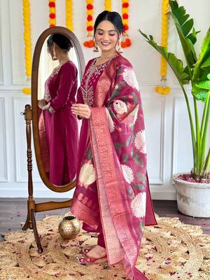 Burgundy graceful readymade viscosee chanderi fabric suit with embroidery work and printed 4